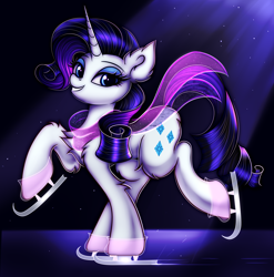 Size: 2800x2838 | Tagged: safe, artist:mite-lime, character:rarity, species:pony, species:unicorn, chest fluff, clothing, cute, ear fluff, female, high res, ice skates, ice skating, leg fluff, looking at you, mare, raribetes, scarf, skating, smiling, solo