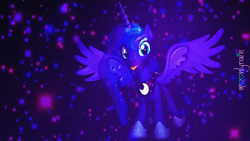 Size: 3840x2160 | Tagged: safe, artist:moonlyrain, character:princess luna, species:pony, 3d, crown, dark matter, female, horseshoes, jewelry, regalia, solo, space, tongue out, wings