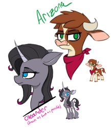 Size: 810x934 | Tagged: safe, artist:pinkberry, community related, character:arizona cow, character:oleander, species:classical unicorn, species:cow, species:pony, species:unicorn, them's fightin' herds, bandana, cloven hooves, colored sketch, curved horn, drawpile, duo, female, horn, leonine tail, simple background, sketch, unshorn fetlocks, white background