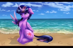 Size: 4096x2703 | Tagged: safe, artist:galinn-arts, character:twilight sparkle, character:twilight sparkle (alicorn), species:alicorn, species:pony, beach, female, floppy ears, high res, looking at you, mare, peace sign, scenery, sitting, solo, water, wing hands, wings