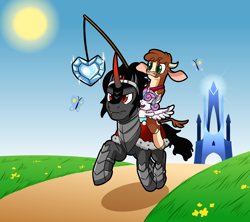 Size: 1800x1600 | Tagged: safe, artist:redahfuhrerking, character:arizona cow, character:king sombra, character:princess flurry heart, species:cow, species:pony, them's fightin' herds, butterfly, carrot on a stick, cows riding ponies, crystal empire, crystal heart, cute, flurrybetes, ponies riding ponies, riding, silly, sombradorable