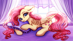 Size: 5000x2812 | Tagged: safe, artist:mite-lime, character:fluttershy, species:pegasus, species:pony, blushing, chest fluff, curtain, cute, ear fluff, female, high res, leg fluff, looking at you, lying down, mare, morning, pillow, prone, shyabetes, solo, wallpaper