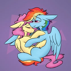 Size: 1000x1000 | Tagged: safe, artist:antimationyt, artist:bluestarsburst, character:fluttershy, character:rainbow dash, species:pegasus, species:pony, ship:flutterdash, blushing, cuddling, curled up, eyes closed, female, floppy ears, hug, lesbian, lidded eyes, mare, shipping, wings