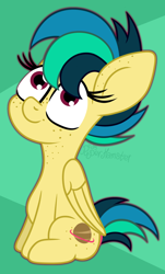 Size: 1260x2093 | Tagged: safe, artist:puperhamster, oc, oc only, oc:apogee, species:pegasus, species:pony, body freckles, ear freckles, female, filly, freckles, simple background, sitting, solo