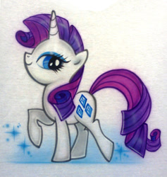Size: 569x600 | Tagged: safe, artist:kabukihomewood, character:rarity, species:pony, species:unicorn, airbrush, clothing, female, irl, looking back, mare, photo, raised hoof, shirt, smiling, solo, sparkles, stock vector, traditional art