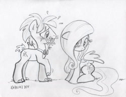 Size: 787x612 | Tagged: safe, artist:kabukihomewood, character:fluttershy, oc, oc:savage shark, species:pegasus, species:pony, art trade, blushing, bow tie, canon x oc, claws, female, fin, floppy ears, flower, grayscale, mare, monochrome, mouth hold, original species, scar, shark, shark pony, shipping, shy, sitting, sweat, sweatdrops, traditional art
