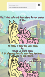 Size: 710x1220 | Tagged: safe, artist:ask-pinkie-polkadot-pie, character:fluttershy, character:pinkie pie, species:pony, ship:flutterpie, bag, female, lesbian, saddle bag, shipping, shipping denied, tumblr:ask-pinkie-polkadot-pie