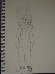 Size: 3120x4160 | Tagged: safe, artist:shpace, oc, oc:floor bored, species:anthro, clothing, hair over one eye, hoodie, monochrome, sketchbook, solo, traditional art