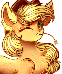 Size: 2500x3000 | Tagged: safe, artist:mite-lime, character:applejack, species:earth pony, species:pony, bust, chest fluff, cute, ear fluff, heart eyes, high res, jackabetes, leg fluff, looking at you, one eye closed, portrait, smiling, straw in mouth, wingding eyes, wink