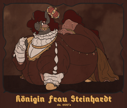 Size: 2354x2004 | Tagged: safe, artist:queenfrau, oc, oc only, oc:queen frau, species:earth pony, species:pony, belly, bingo wings, blackletter, bridle, chubby, chubby cheeks, clothing, crown, dress, fat, female, impossibly large belly, jewelry, mare, old, older, painting, regalia, solo, tack