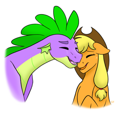 Size: 3346x3106 | Tagged: safe, artist:bellbell123, character:applejack, character:spike, species:dragon, species:earth pony, species:pony, ship:applespike, bust, cute, eyes closed, female, floppy ears, high res, interspecies, male, mare, nuzzling, older, older spike, open mouth, portrait, shipping, simple background, straight, white background