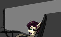Size: 1453x872 | Tagged: safe, artist:pinkberry, oc, oc only, oc:mulberry merlot, species:pony, species:unicorn, bored, colored sketch, computer screen, dark, desk, drawpile, female, keyboard, lonely, mare, messy mane, office chair, sad, sketch, slouching, solo