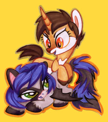 Size: 664x750 | Tagged: safe, artist:kabukihomewood, oc, oc only, oc:buckaroo, oc:pox, species:bat pony, species:pony, species:unicorn, badge, con badge, duo, duo female, female, looking at each other, mare, on top, open mouth, prone, siblings, simple background, sisters, traditional art, unshorn fetlocks, yellow background