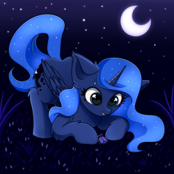 Size: 3000x3000 | Tagged: safe, artist:mite-lime, character:princess luna, species:alicorn, species:pony, cute, ear fluff, face down ass up, female, high res, insect, leg fluff, lunabetes, moon, night, solo, sweat, sweatdrop