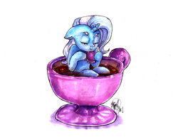 Size: 3224x2487 | Tagged: safe, artist:mannybcadavera, character:trixie, species:pony, species:unicorn, cup, cup of pony, female, floppy ears, food, mare, micro, simple background, smiling, solo, tea, teacup, that pony sure does love teacups, white background