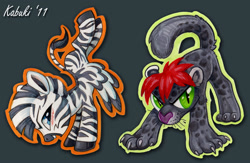 Size: 1000x652 | Tagged: safe, artist:kabukihomewood, oc, oc only, oc:reddfurr, species:pony, species:zebra, badge, big cat, blushing, con badge, duo, duo male, gray background, handstand, jaguar (animal), looking at you, male, open mouth, ponified, simple background, smiling, traditional art, upside down, zebrasus