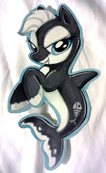 Size: 293x477 | Tagged: safe, artist:kabukihomewood, oc, oc only, badge, con badge, female, grin, irl, merpony, orca, orca pony, original species, photo, smiling, solo, traditional art