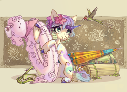 Size: 2100x1524 | Tagged: safe, artist:shore2020, oc, oc only, species:bird, species:pony, species:unicorn, cute, female, floaty, flower, flower in hair, inner tube, mare, pool toy, snorkel, solo, umbrella