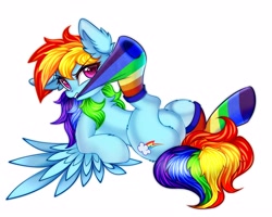 Size: 4096x3277 | Tagged: safe, artist:mite-lime, character:rainbow dash, species:pegasus, species:pony, chest fluff, clothing, cute, dashabetes, female, high res, leg fluff, lying down, mare, mouth hold, rainbow socks, simple background, socks, solo, striped socks, white background
