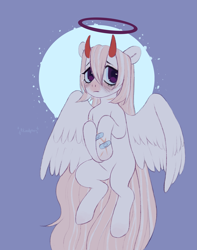 Size: 2527x3215 | Tagged: safe, artist:bloodymrr, rcf community, oc, oc only, species:pegasus, species:pony, bandaid, devil horns, frown, halo, pegasus oc, solo, wings