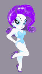 Size: 462x800 | Tagged: safe, artist:kabukihomewood, character:rarity, my little pony:equestria girls, beautiful, beautiful eyes, beautiful hair, blue eyes, blue eyeshadow, breasts, busty rarity, cleavage, clothing, cute, ear piercing, earring, eyeshadow, female, gray background, hand on hip, high heels, jewelry, legs, leotard, lidded eyes, lipstick, looking at you, makeup, piercing, pinup, pony coloring, purple hair, purple lipstick, raribetes, shiny hair, shoes, simple background, smiling, smirk, solo, woman