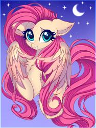 Size: 3000x4000 | Tagged: safe, artist:mite-lime, character:fluttershy, species:pegasus, species:pony, cheek fluff, chest fluff, crescent moon, cute, ear fluff, female, high res, leg fluff, mare, moon, night, shyabetes, sky, smiling, solo, starry night, stars