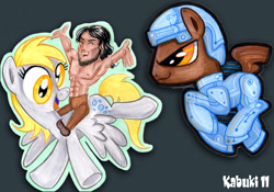 Size: 965x677 | Tagged: safe, artist:kabukihomewood, character:derpy hooves, oc, species:earth pony, species:human, species:pegasus, species:pony, abs, armpits, badge, clothing, con badge, crossover, eyes closed, female, flying, gray background, humans riding ponies, male, mare, nipples, nudity, open mouth, pants, partial nudity, riding, shoes, simple background, smiling, topless, traditional art, tron