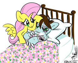 Size: 800x651 | Tagged: safe, artist:kabukihomewood, character:fluttershy, oc, oc:savage shark, species:pegasus, species:pony, bandage, bed, blanket, canon x oc, claws, comforting, female, injured, looking at each other, male, mare, on back, original species, scar, shark, shark pony, simple background, spread wings, white background, wings