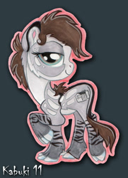 Size: 531x735 | Tagged: safe, artist:kabukihomewood, oc, oc only, oc:ellie, species:pony, badge, claws, con badge, female, gray background, lidded eyes, looking at you, mare, mesohippus, ponified, prehistoric, raised hoof, simple background, smiling, solo, traditional art