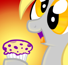 Size: 238x230 | Tagged: safe, artist:kabukihomewood, character:derpy hooves, species:pegasus, species:pony, bust, female, food, gradient background, hoof hold, mare, muffin, open mouth, portrait, preview, smiling, solo, t shirt design, that pony sure does love muffins