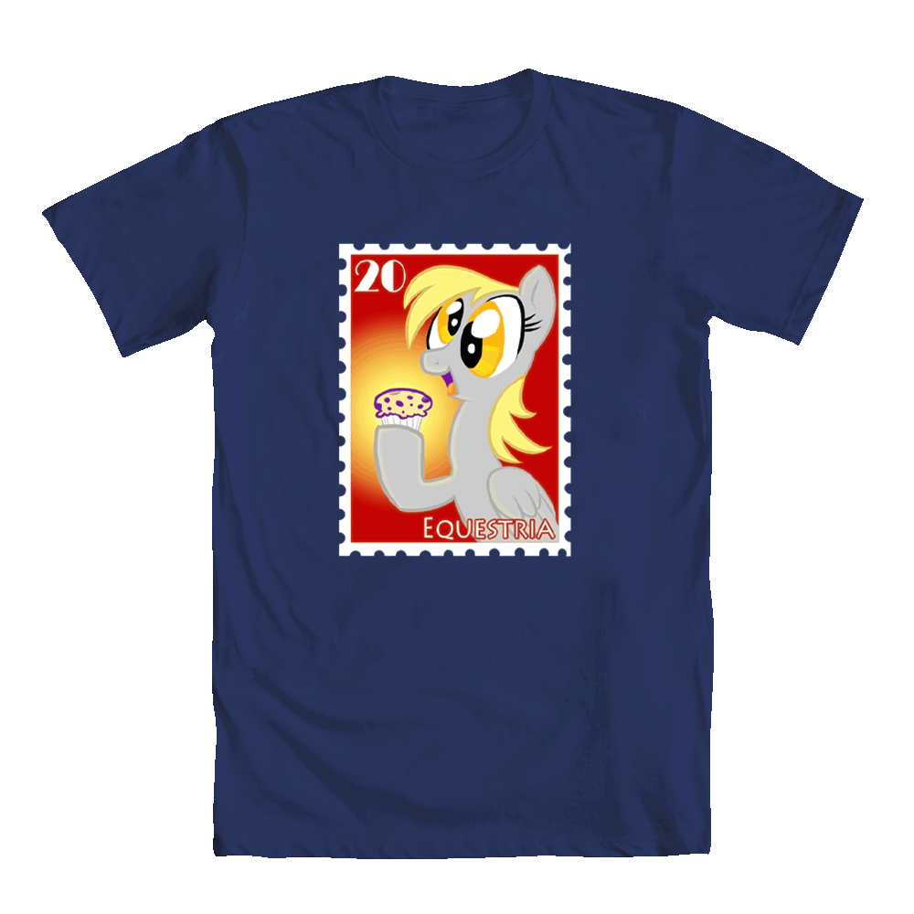 Size: 1000x1000 | Tagged: safe, artist:kabukihomewood, character:derpy hooves, species:pegasus, species:pony, clothing, female, food, hoof hold, mare, muffin, open mouth, shirt, simple background, smiling, solo, stamp, t shirt design, t-shirt, that pony sure does love muffins, transparent background