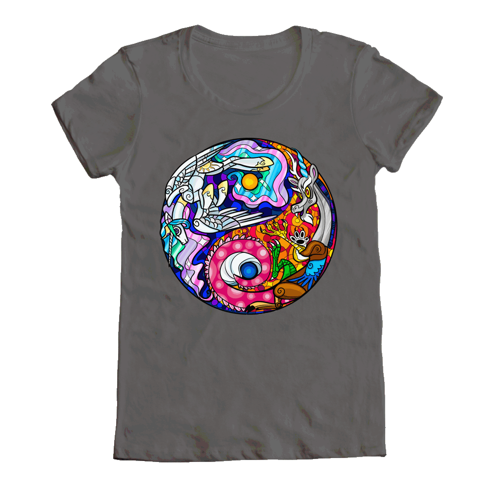 Size: 1000x1000 | Tagged: safe, artist:kabukihomewood, character:discord, character:princess celestia, species:alicorn, species:draconequus, species:pony, clothing, female, male, mare, open mouth, shirt, simple background, smiling, stained glass, sun, t shirt design, t-shirt, transparent background, yin-yang