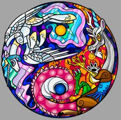 Size: 600x594 | Tagged: safe, artist:kabukihomewood, character:discord, character:princess celestia, species:alicorn, species:draconequus, species:pony, duo, female, looking at you, mare, open mouth, smiling, stained glass, sun, t shirt design, yin-yang