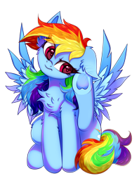 Size: 3139x3955 | Tagged: safe, artist:mite-lime, character:rainbow dash, species:pegasus, species:pony, behaving like a dog, chest fluff, cute, dashabetes, ear down, ear fluff, ear scratch, female, floppy ears, high res, mare, scratching, simple background, sitting, solo, spread wings, transparent background, underhoof, wings