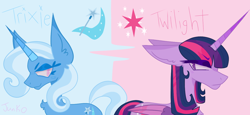 Size: 1300x600 | Tagged: safe, artist:junko, derpibooru original, character:trixie, character:twilight sparkle, character:twilight sparkle (alicorn), species:alicorn, species:pony, species:unicorn, big ears, big eyelashes, big horn, chest fluff, digital art, duo, ears up, eyelashes, female, folded wings, frown, grumpy, grumpy twilight, horn, lazy background, lidded eyes, mare, paint tool sai, rivalry, shiny eyes, simple background, smiling, smirk, smug, wings