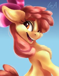 Size: 3186x4096 | Tagged: safe, artist:galinn-arts, character:apple bloom, species:earth pony, species:pony, adorabloom, chest fluff, cute, ear fluff, female, filly, fluffy, happy, looking at you, looking back, solo, thick eyebrows, tooth gap