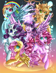 Size: 2550x3300 | Tagged: safe, artist:karmamoonshadow, character:applejack, character:fluttershy, character:pinkie pie, character:rainbow dash, character:rarity, character:twilight sparkle, character:twilight sparkle (alicorn), species:alicorn, species:earth pony, species:pegasus, species:pony, species:unicorn, ear fluff, female, glowing horn, high res, horn, lasso, mane six, mare, mouth hold, open mouth, prone, redraw, rope
