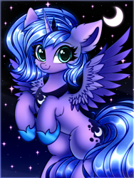 Size: 3000x4000 | Tagged: safe, artist:mite-lime, character:princess luna, species:alicorn, species:pony, cheek fluff, crescent moon, crown, cute, ear fluff, female, filly, high res, hoof shoes, jewelry, leg fluff, lunabetes, moon, night, regalia, sky, solo, spread wings, stars, two toned wings, wings, woona, younger