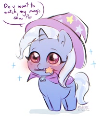 Size: 1200x1400 | Tagged: safe, artist:riukime, character:trixie, species:pony, species:unicorn, blushing, bronybait, chibi, cute, dialogue, diatrixes, female, heart, looking at you, magic wand, mare, mouth hold, nom, simple background, smiling, solo, sparkles, speech bubble, starry eyes, weapons-grade cute, white background, wingding eyes