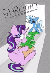 Size: 1100x1600 | Tagged: safe, artist:antimationyt, artist:bluestarsburst, character:phyllis, character:starlight glimmer, character:trixie, species:pony, species:unicorn, cargo ship, caught, dialogue, kissing, phylliglimmer, shipping
