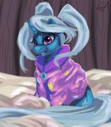 Size: 3000x3429 | Tagged: safe, artist:galinn-arts, character:trixie, species:pony, species:unicorn, babysitter trixie, cheek fluff, clothing, female, gameloft interpretation, high res, hoodie, mare, smiling, solo