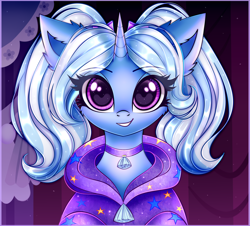Size: 3000x2712 | Tagged: safe, artist:mite-lime, character:trixie, species:pony, species:unicorn, g4, babysitter trixie, bust, cheek fluff, choker, clothing, cute, diatrixes, ear fluff, eye clipping through hair, eyebrows, eyebrows visible through hair, female, full face view, gameloft interpretation, hoodie, looking at you, mare, pigtails, smiling, solo, twintails