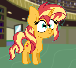 Size: 1574x1416 | Tagged: safe, artist:puperhamster, character:sunset shimmer, species:pony, species:unicorn, female, library, mare, solo