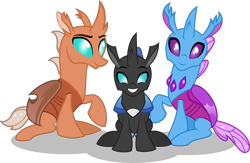Size: 2668x1738 | Tagged: safe, artist:stellardusk, oc, oc:beebee, species:changeling, species:reformed changeling, fanfic:the bug in the basement, changedling oc, changeling oc, cute, cuteling, family, father and child, father and son, female, male, mother and child, mother and father, mother and son, simple background, sitting, transparent background, vector