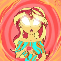 Size: 1280x1280 | Tagged: safe, artist:malevolentsamson, character:sunset shimmer, g4, my little pony: equestria girls, my little pony:equestria girls, blank eyes, geode of empathy, glowing eyes, magical geodes, white eyes