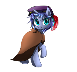 Size: 1280x1197 | Tagged: safe, artist:ketereissm, oc, oc only, oc:moonlight toccata, species:pony, species:unicorn, blue coat, cap, classy, cloak, clothing, confident, cute, cyan eyes, feathered hat, hat, moon, night, purple mane, renaissance, simple background, smiley face, solo, transparent background