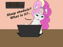 Size: 2000x1500 | Tagged: safe, artist:onlymeequestrian, oc, oc only, oc:brightfull flux, species:pony, species:unicorn, clock, computer, dialogue, laptop computer, looking at you, meme, sleep is for the weak, solo, who needs sleep anyway
