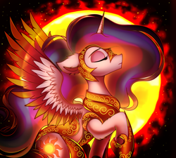 Size: 3570x3210 | Tagged: safe, artist:mite-lime, character:princess celestia, species:alicorn, species:pony, armor, ear fluff, eyes closed, female, helmet, high res, hoof shoes, leg fluff, mare, profile, solo, sun, two toned wings, wings