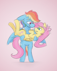 Size: 2000x2500 | Tagged: safe, artist:antimationyt, character:fluttershy, character:rainbow dash, species:pegasus, species:pony, newbie artist training grounds, ship:flutterdash, atg 2020, bipedal, blushing, eye contact, female, floppy ears, folded wings, holding, holding a pony, hooves to the chest, lesbian, looking at each other, mare, on back, pink background, shipping, simple background, smiling, spread wings, wings
