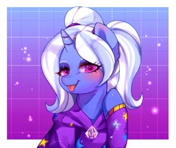 Size: 1163x975 | Tagged: safe, artist:riukime, character:trixie, species:pony, species:unicorn, alternate hairstyle, babysitter trixie, blep, blushing, clothing, female, hoodie, looking at you, mare, pigtails, solo, tongue out, twintails